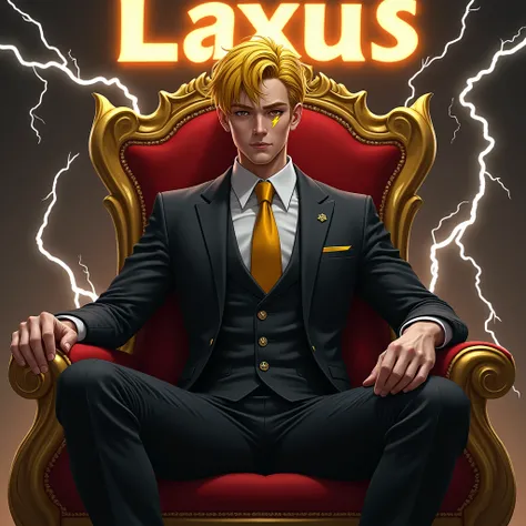 Realistic: a yellow haired gentleman in his mid -20s wearing black suit with gold tie, with small scar in his right eye with the shape of a thunder. Sitting on the throne (red and gold) in front of a Light sign that says "LAXUS". Lightning around him