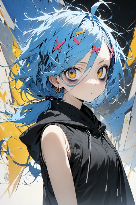 High image quality
 1 girl ,  Golden Eyes ,   Blue Hair、 shortcuts,   low ponytail in tights、  Earrings for One Woman ,  Ahoge,   asymmetrical bang ,  x-shaped hair ornament,  tank top hoodie、 hotpants、  outer corners of eyes are lowered 、 dark circles und...