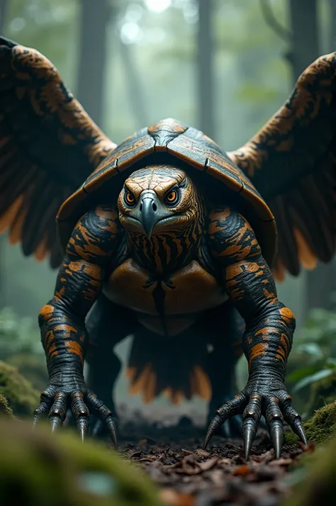 an ultra-realistic image of a hybrid creature merging the characteristics of a turtle and an eagle, forming a powerful and fierce beast. The creature has the muscular body and striped fur of a turtle, with sharp talons and majestic wings of an eagle, and a...