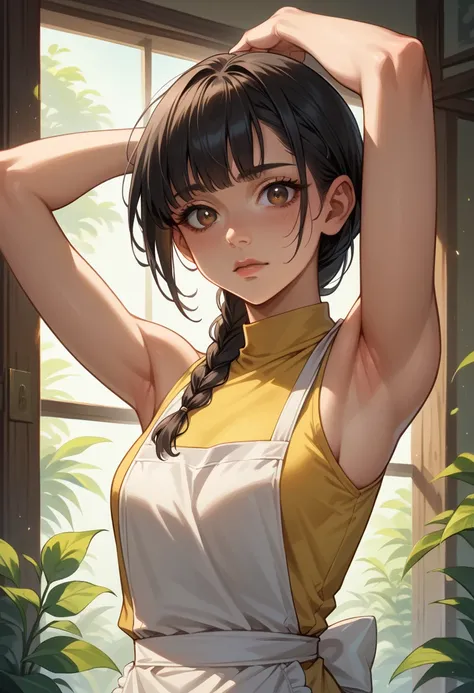  yellow shirt ,neckline, clavicle, sleeveless,white apron,  black hair ,  brown eyes , fringe, single braid, 1 girl, 20yo,young woman,hermoso body,Beautiful nose,Beautiful character design,  perfect eyes ,  perfect face , expressive eyes , looking at viewe...