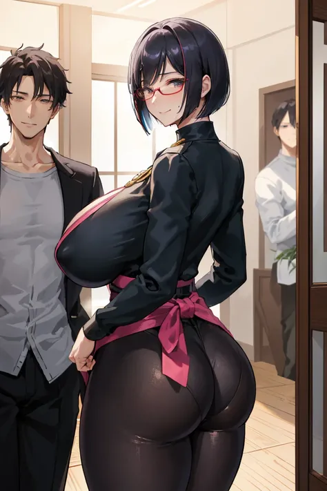 High image quality、 HYPER DETAIL 、1 female、1 male、((( man stands behind woman at home))), teenage woman 、Man in his 20s、 Very Big Breasts, very big butt 、Black Hair、(((short bob)))、Troubled face、sweating、 shiny skin、Heavy breathing、(((smile)))、Red face、blo...