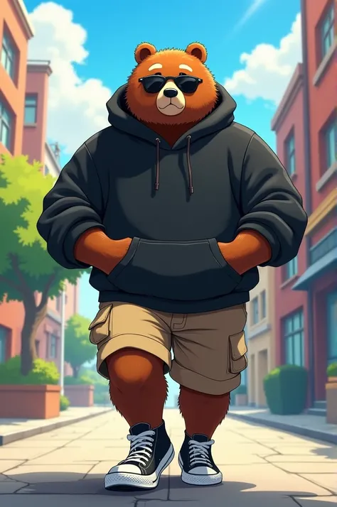 (furry bear character), tall brown bear, dressed in a stylish black hoodie, khaki shorts, and black Converse sneakers, walking along a sunny street, (anime style), vibrant colors, (crisp detailing), bright daylight ambiance, urban scenery in the background...