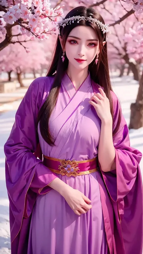 Bright purple Taoist robe, Hanfu long skirt, big eyes, masterpiece absolute beauty, 1 woman, close-up. Close-up, healing smile, snow scene, 4K picture quality, princess hairstyle princess cut, simple hair accessories, plum blossoms, people cant forget the ...