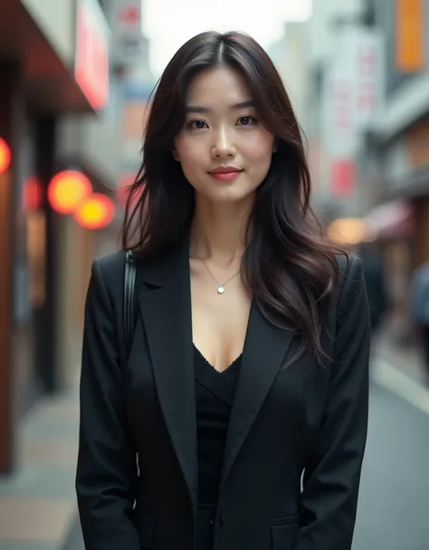 Photorealistic HDR 8K photography of a beautiful Japanese Woman wearing a classy business outfit, she has a small breast ane dark long hair, scene is happening in a tokyo street in fall season