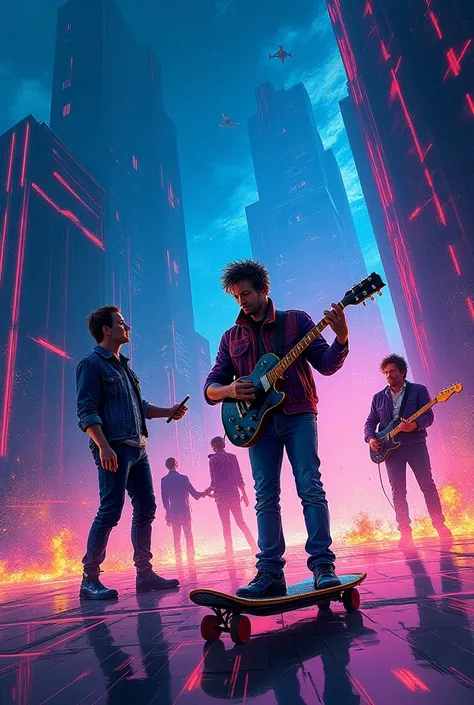 Coldplay in a futuristic scene with Marty McFly, in the style of Van Gough, using vivid neon colours 