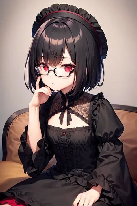  short stature 、 small breasts、Black Hair 、 short hair、Glasses、 Gothic Lolita 、On the sofa、 red eyes、living 、 very detailed,Best Quality,Accuracy,correct、masterpiece,    High image quality, 1 person、