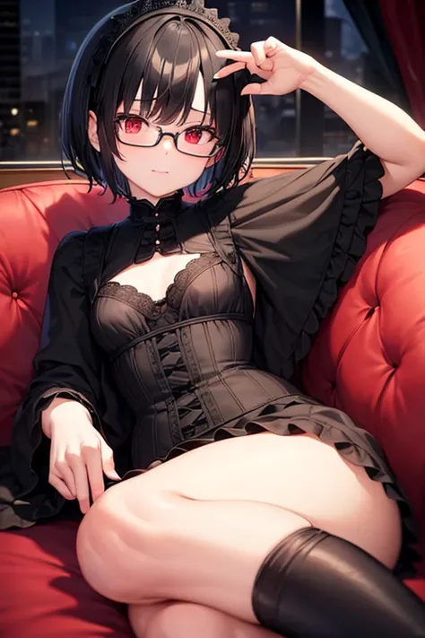  short stature 、 small breasts、Black Hair 、 short hair、Glasses、 Gothic Lolita 、On the sofa、 red eyes、living 、 very detailed,Best Quality,Accuracy,correct、masterpiece,    High image quality, 1 person、