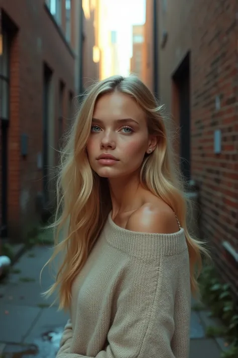 Beautiful  blonde ,  blue-eyed American girl standing in a realistic alley best quality 