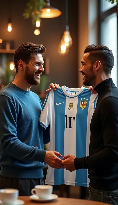 Generate a hyper-realistic image of a fan excitedly approaching Lionel Messi and Cristiano Ronaldo at a cafe. Messi is still in his blue sweater, and Ronaldo in his black turtleneck. The fan is holding up two soccer jerseys—an Argentina jersey mistakenly h...