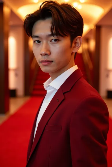  Japanese， Portrait of a Young Asian Male，Bright light，Leisure，Upper Body Composition ， look into the camera ，red carpet，Gorgeous suit