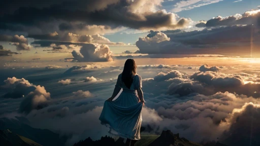   close-up , A girl , The view from above :  a waterfall in the clouds at sunset .
 above the sky  (((a girl )))  in an airy dress made of the pinnate clouds of the Levi fractal of Levis curves is walking through the clouds,  the hem of the dress turns int...