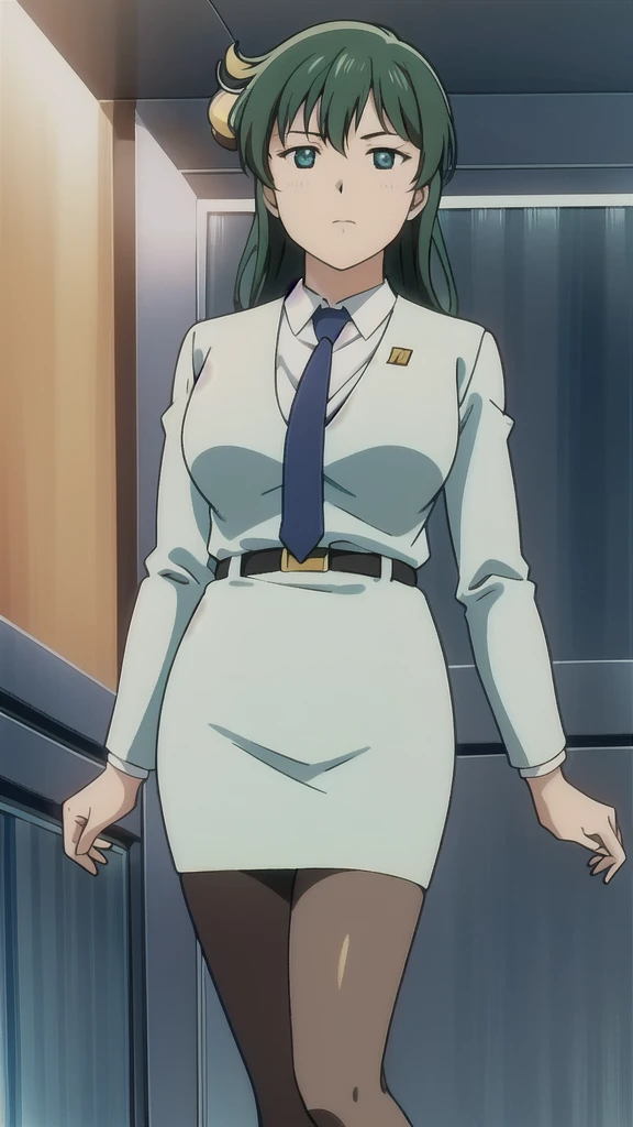 Black Hair、Long Hair、Green Eyes、悲しface、 Full Body Style 、 normal breasts、 narrow waist 、Bare legs、 blue jacket ,襟付きshirt, shirt, yellow tie ,belt,,  Blue Mini Pencil Skirt, black tights，White pumps，My legs are slightly flabby， OFFICIAL ART, Extremely Fine ...