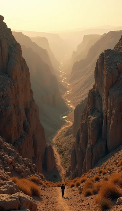 Wide view of the Jezreel Valley, a narrow, rugged landscape surrounded by rocky hills, dry earth underfoot, a natural bottleneck perfect for an ambush, cinematic lighting at dusk, highly detailed and atmospheric.