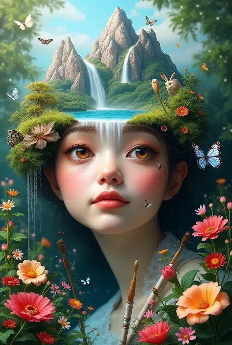 A 3D-REALISTIC of a whole face landscape manipulation garden. of a beautiful woman face with a two mountain ang falls on her eye..a pateu on her riface have a beautiful lady sitting on a front of a painting holding a paintbrush..and a lots of animals birds...