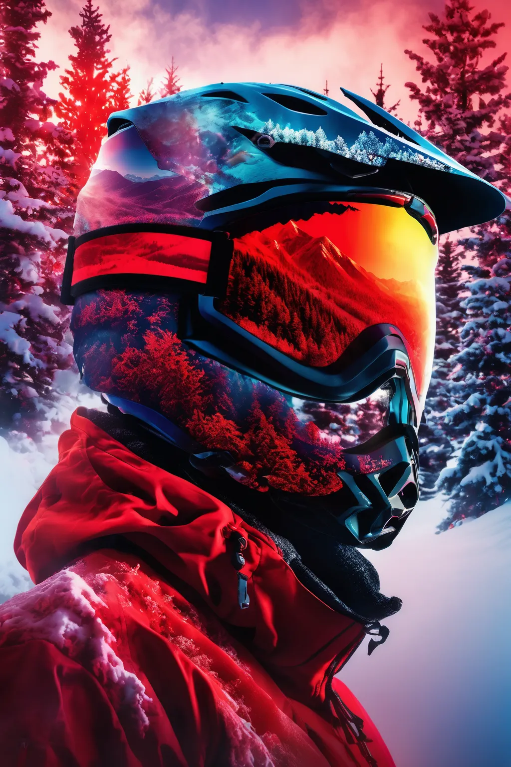 triple exposure of the silhouette face of a man wearing a motocross helmet profile and shiny goggles , mountains, nature beauty ...