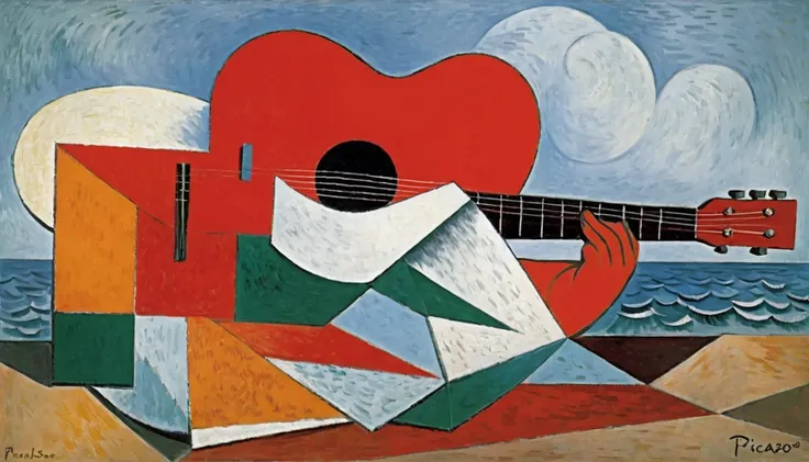 ,      by Pablo Picasso    ,guitar,Oil,赤色のguitarと背景は平面構成のみ,  red is the point ,No face, no signs 