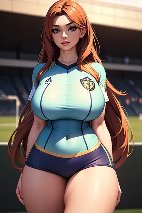 4k, masterpiece, high resolution, 3D art style, 1girl, mature, long hair, slender hips, thick thighs, body goals , SoloHigh Details, Super Detailed, Textured Skin, Super Detailed, High Quality

(( Soccer outfit))