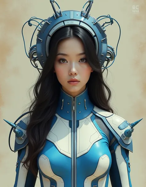 The image is a portrait of a young woman wearing a futuristic outfit. The outfit is made up of a blue and white color scheme with intricate details and patterns. The woman has long dark hair that is styled in loose waves and is looking off to the side with...