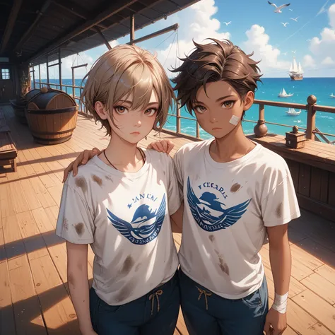 An older tomboy, Dirty skin, Guyish appearance, tanned skin, short brown hair, an Expressionless face, large brown eyes, stands on a wooden ship deck, wearing a loose dirty white t-shirt, Blue pants, and a flat chest, bandage around her chest giving a sens...