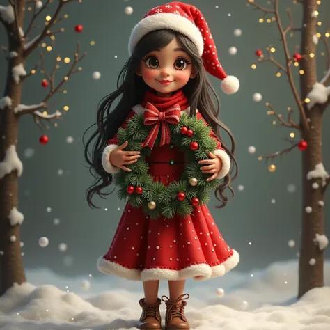 A girl with Indian appearance   , skinny legs , Average height, thin waist,  in a beautiful Christmas outfit stands with a Christmas wreath in her hands looking at the camera,  smiling in realism style in high quality  