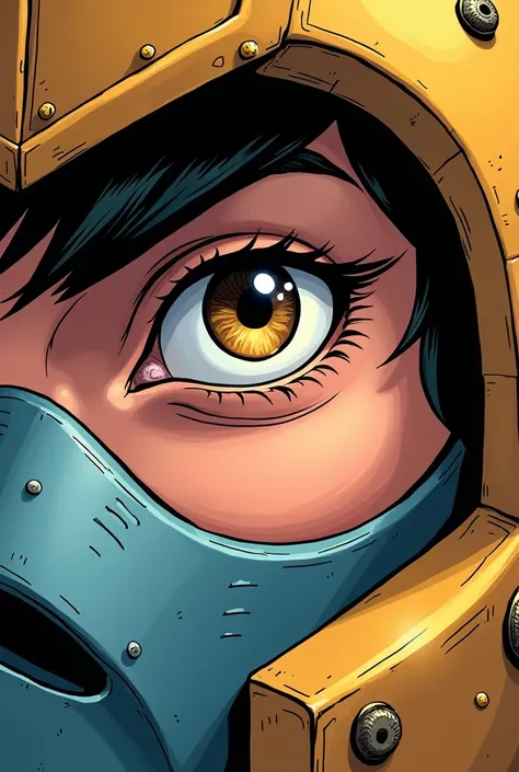 In comic book style, do a close up of a gentlemans eye with friendly armor