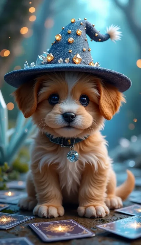 A cute wizard puppy is dressed up as a fantasy character１animal.  This little wizard lives in a fantasy world , The fantasy world is sparkling and beautiful ,  beautiful view of the world , かわいい子猫はMagical結晶と帽子を身に着けています .Tarot cards are scattered 。 realism,...