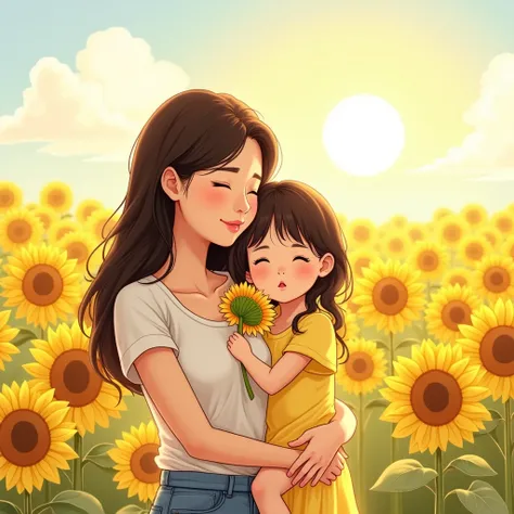 A 35-year-old Taiwanese mom and her  daughter cuddle together with a field of sunflowers in the background. The sun is shining and the daughter is holding a sunflower in her hand. High saturation, vibrant colors, watercolor illustration style.