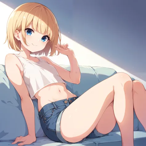 (masterpiece), best quality, 1 cute small girl , short blonde hair, sweet smile, straight hair, straight bangs, fringe, blue eyes, flat chest, white tank top, sexy navel, jeans shorts, sexy legs, on her room