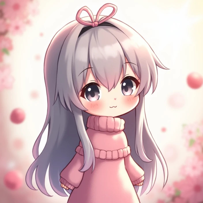 Chibi character,High image quality, girl,Below shoulder , long hair,Gray Hair,Grey Eyes, pink knit dress,cute, Fluffy Atmosphere , turn your gaze (((Right diagonal))), smile, Light blush, 