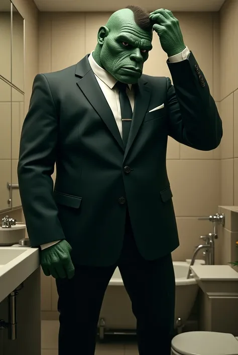 A gaint hulk is wearing a suit and is setting his hair