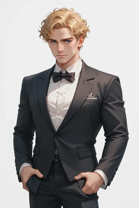 1 man, handsome, short blonde wavy hair, wearing regency era outfit, black suit, white background, absurdres, high res, ultrasharp, 8K, masterpiece