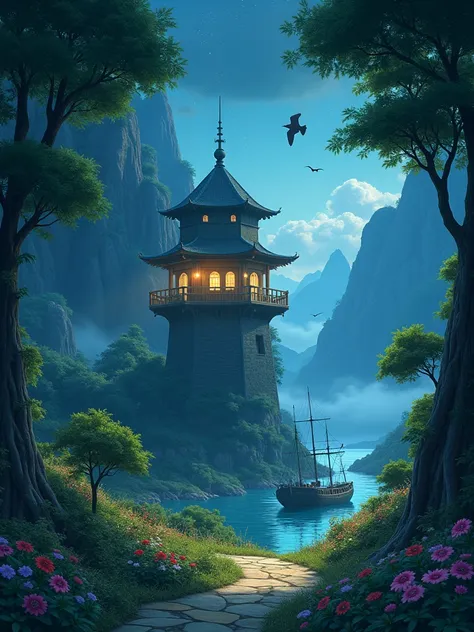 （（（Ghibli style）），（8k），（highly），（detaled），wide angle,softlighting, elaborate，Ancient Watchtower 、Tall Tree々、Big Tree、 Jungle，mountain， flower、 fence、bird、Shipwreck、 Studio Ghibli anime、Night view、 Light Up 