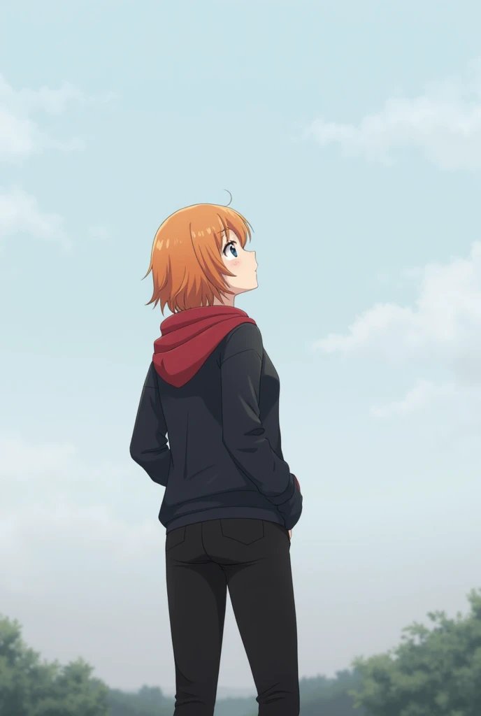 Honoka Kousaka from the anime Love Live wearing black pants and black sweatshirt with red hoodie looking at the sky