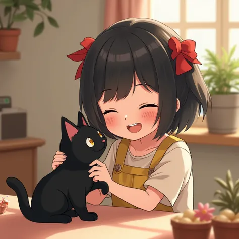 Black Hair、 short、smile、 red ribbon、Kiki with a black cat