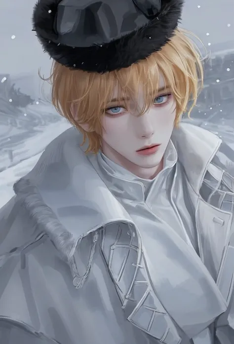 boy, Light yellow hair , Blue eyes,  sharp features ,  white skin, (black Soviet fur hat), While its snowing , battleground, Soviet soldier , (( black fur coat )), All clothes are black , View from below,  good-looking, Garma, Disdainful appearance 