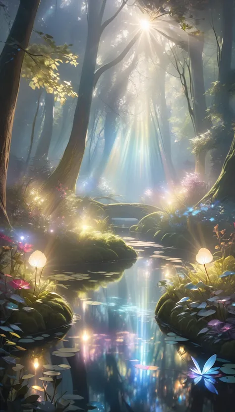  A mysterious pond that reflects mystical light shining through a mystical forest with fog in the shape of a fairy , mystical light shining through,  Mysterious pond reflecting the mystical light shining through , Breathtaking beauty,  hyperrealism 