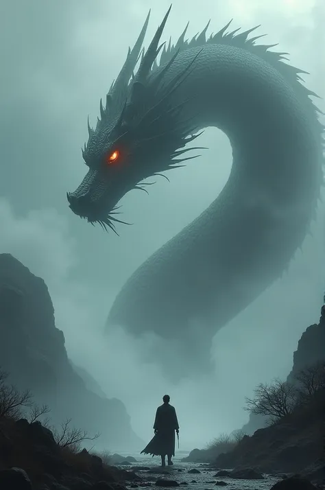 The Wanderer over the Sea of Fog in a Darker Version, gigantic serpent japanese dragon rising from the fog 