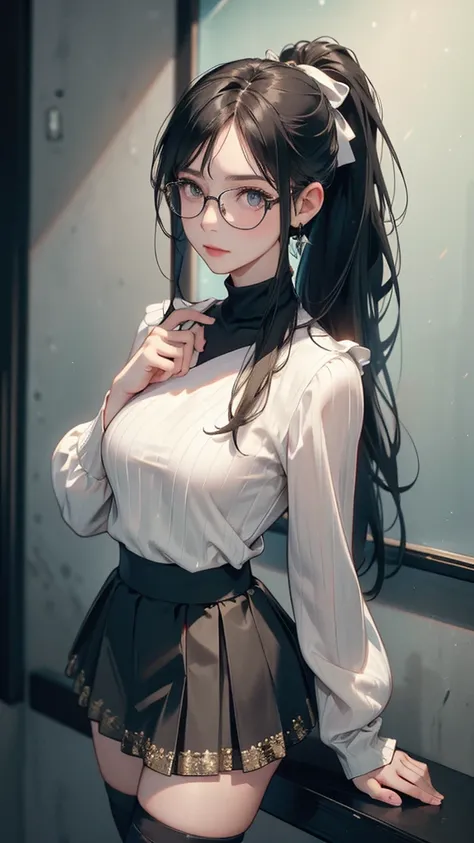 Upper body, (random porn pose),(Highest image quality,(8k),ultra-realistic,best quality, Ponytail hair, Black hair, Wearing Glasses, high quality, small breast, high definition, high quality texture,high detail,beautiful detailed,fine detailed,extremely de...