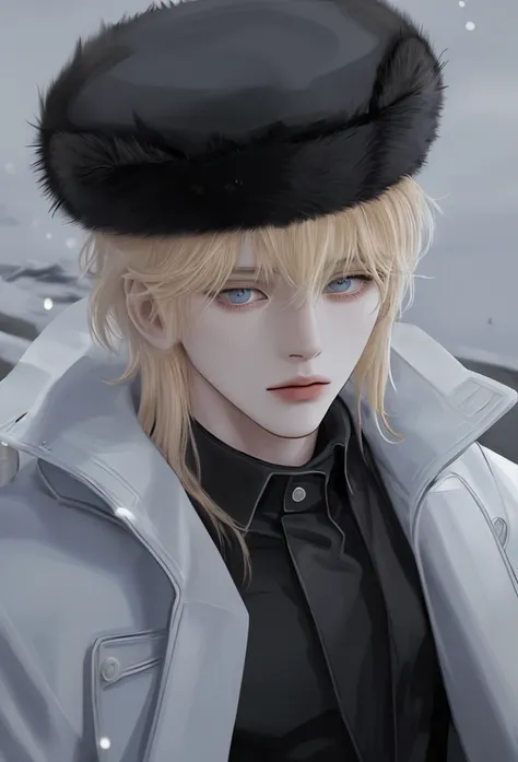 boy, Light yellow hair , Blue eyes,  sharp features ,  white skin, (black Soviet fur hat), While its snowing , battleground, Soviet soldier , (( black fur coat )), All clothes are black , View from below,  good-looking, Garma, Disdainful appearance 