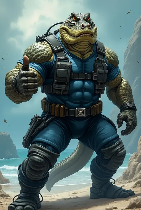 (A rugged beefy very muscular bulky serious crocodile old man), (wearing blue wetsuit), thumbs up pose, wearing bulky scuba gear, muscular physique, toned muscles, fierce, heroic, action, comic artstyle, bulky best quality, wearing white rubber gloves. wea...