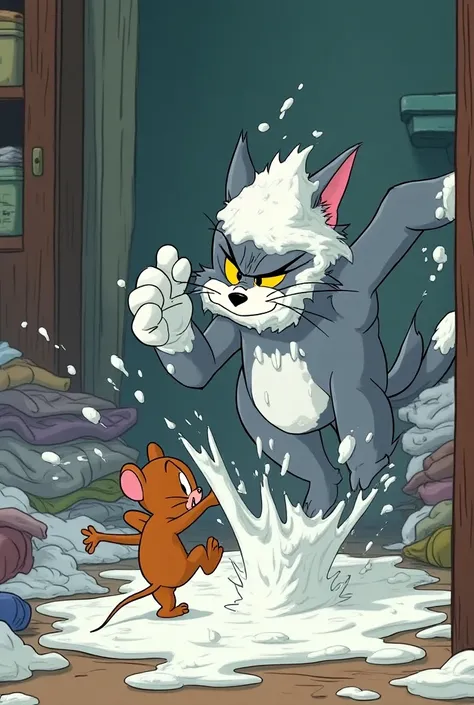 The Big Finale:
Covered in whipped cream, Tom tries one last time to catch Jerry. This time, he pounces toward him, but Jerry jumps out of the way at the last second. Tom lands in a pile of laundry, looking flustered and defeated.