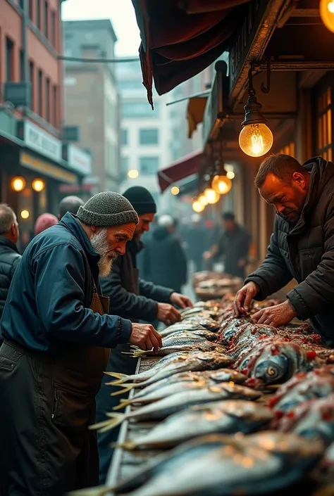 Subject: Boston fish market. 


Muted Color Palette: The color grading is predominantly desaturated with cool tones (yellow, green, black), creating a cold, dramatic atmosphere. Theres minimal contrast with subtle highlights, enhancing a raw, moody ambianc...