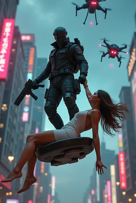 A futuristic secret agent in intense action in a cyberpunk cityscape, struggling to hold onto a beautiful woman who is falling down. The agent, holding advanced weaponry, is focused as he tries to save her with one hand while balancing on a futuristic hove...