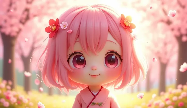 A girl character in the shape of a cherry blossom。cute。。 bright 。kind。