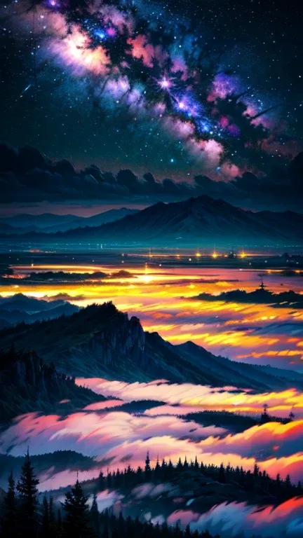 The image is、 depicts a truly awe-inspiring and enchanting scene {x} It depicts an otherworldly landscape that is nothing but magic.  it seems like it was taken high above the clouds , as the viewer is presented with a stunning panoramic view of the vast e...