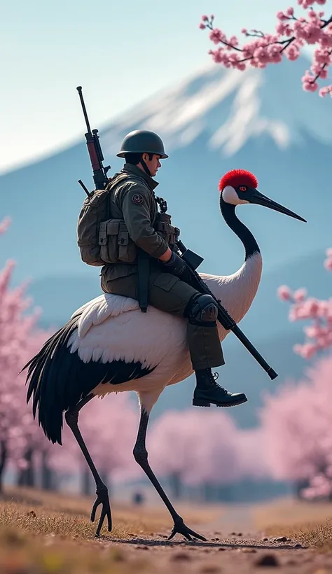 Japanese Self-Defense Forces (JSDF) soldier in Type 04 uniform, holding a Howa Type 89 rifle, sitting on a giant Red-crowned Crane, with Mount Fuji in the background, set against a cherry blossom-filled landscape." Walking Straight 