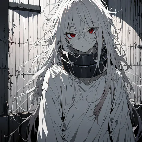 1 girl, defined body, pale skin, long messy hair, white hair, bangs between the eyes, red eyes, lust in the eyes, small emotionlessface, white shirt to the hip roughed, without underwear, metal collar attached to the neck, front view, anime, Dark prison ch...