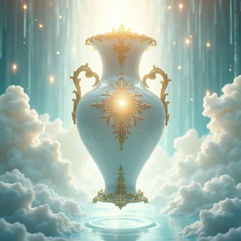   White vase with handles on both sides with broken or cracked heavenly engraving sealed with gold. Suspended in the skies of light  .  Waters of life and crystals and full light that sang and overflowed downwards 
