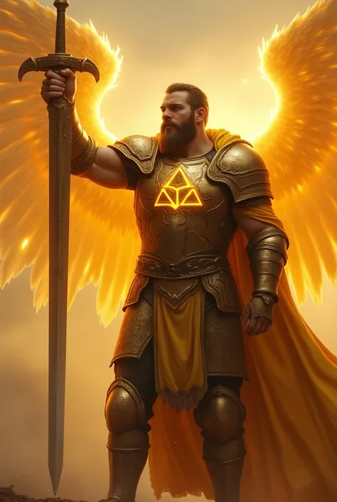 Mariusz is a big ,  Muscular warrior with glowing golden armor .  This armor depicts a triskell . He has a helmet.  He raises a long sword into the sky with his right hand.  His armor radiates warm entergy .  He has a three-day beard .  He is the embodimen...