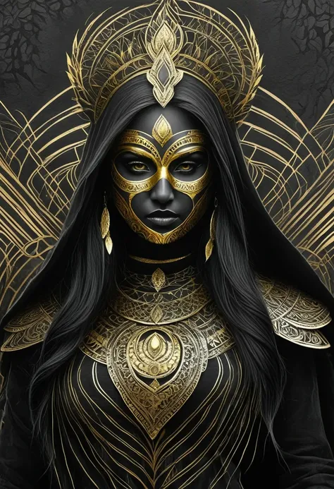 black pencil shading, charcoal drawing, tinted paper, pencil drawing, brutal dark b/w color scheme, golden patterns,
Poster, close up, full length, shadow art. Ghostly female silhouette. Messenger of the God of Nature. Exiled shaman. Integral mask.Dark can...